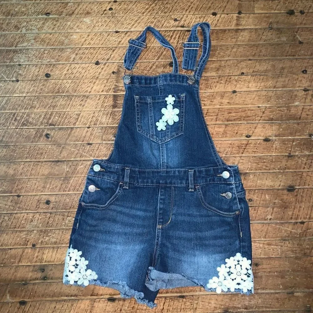 Jordache lace daisy  dark wash L 10-12 cutoff overall shorts